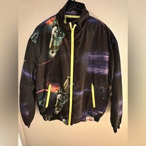 NASA Space Print Hooded Bomber Jacket - Black with Yellow Zippers